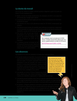 La durée du travail
La Loi sur les normes du travail contient plusieurs exigences quant à la durée du
travail. En voici quelques-unes :
•	 Après 5 heures de travail consécutives, les employés ont droit à une pause de
30 minutes pour manger (sans salaire).
•	 Les pauses-café ne sont pas exigées par la loi, mais si les employeurs les autorisent,
ils doivent les payer.
•	 Les salariés ont droit à une période de repos de 32 heures consécutives par
semaine.
•	 Une personne peut refuser de travailler dans certaines circonstances, notamment
si on lui demande de travailler plus de 4 heures au-delà de ses heures quotidiennes
habituelles, ou plus de 50 heures par semaine.
•	 Par contre, elle ne peut pas refuser
de travailler si son refus a pour consé-
quence de mettre en danger la vie
de ses collègues ou celle de la
population.
•	 La semaine normale de travail est de
40 heures (8 heures par jour). Passé ce
nombre, les heures doivent être payées
à taux et demi du salaire habituel.
Les absences
Les salariés ont le droit de s’absenter du travail pour certaines raisons :
•	 En cas de maladie ou d’accident, ils peuvent s’absenter
jusqu’à 26 semaines par année (sans salaire) en conser-
vant leur poste. Ils doivent cependant informer leur
employeur le plus tôt possible des raisons de leur
absence. Un document d’attestation, comme un billet
du médecin, peut leur être demandé. À leur retour, les
employés doivent être réintégrés à leur poste habituel,
avec tous leurs avantages et leur salaire.
•	 Les salariés ont droit à 10 jours d’absence par année
(sans salaire) pour des raisons familiales. D’autres
normes plus détaillées s’appliquent si l’absence doit se prolonger.
•	 Les parents peuvent prendre à leurs frais un congé de maternité de 18 semaines
et un congé de paternité de 5 semaines. À cela vient s’ajouter un congé parental
(qui peut être pris par le père ou la mère), d’une durée allant jusqu’à 52 semaines.
•	 Au Québec, le Régime québécois d’assurance parentale verse des prestations
pour soutenir les salariés qui ont un nouvel enfant et qui décident de prendre
un congé. Les règles d’attribution de ce programme sont différentes de
celles des normes du travail. (Voir plus de détails sur ce sujet au
chapitre 7.)
Une employée reçoit normalement 12,50 $
l’heure. Combien devrait-elle obtenir pour ses
heures supplémentaires au-delà de 40 heures ?
18,75 $ l’heure (soit 12,50 $ + 6,25 $).
À NOTER
Les normes du travail
prévoient peu de congés
pour des funérailles. Pour
le décès d’un grand-parent,
on obtient un seul jour de
congé non rémunéré ! Si je
deviens entrepreneure,
je serai plus généreuse
envers mes employés.
138	 CHAPITRE 6 • LE TRAVAIL
13931_profil_cahier_chap6_ep4.indd 138 2018-03-19 4:52 PM
 