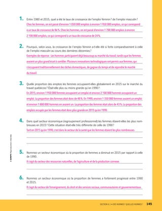 1.	 Entre 1980 et 2015, quel a été le taux de croissance de l’emploi féminin ? de l’emploi masculin ?
Chez les femmes,on est passé d’environ 1 050 000 emplois à environ 1 950 000 emplois, ce qui correspond
à un taux de croissance de 86 %.Chez les hommes, on est passé d’environ 1 700 000 emplois à environ
2 100 000 emplois,ce qui correspond à un taux de croissance de 24 %.
2.	 Pourquoi, selon vous, la croissance de l’emploi féminin a-t-elle été si forte comparativement à celle
de l’emploi masculin au cours des dernières décennies ?
Exemples de réponse : Les hommes participaient déjà beaucoup au marché du travail, tandis que les femmes
avaient un plus grand écart à combler. Plusieurs innovations technologiques ont permis aux femmes,qui
s’occupaient traditionnellement des tâches domestiques, de gagner du temps et de rejoindre le marché
du travail.
3.	 Quelle proportion des emplois les femmes occupaient-elles globalement en 2015 sur le marché du
travail québécois ? Était-elle plus ou moins grande qu’en 1990 ?
En 2015,environ 1 950 000 femmes occupaient un emploi et environ 2 100 000 hommes occupaient un
emploi.La proportion des femmes était donc de 48 %. En 1990, environ 1 350 000 femmes avaient un emploi
et environ 1 800 000 hommes en avaient un. La proportion des femmes était alors de 43 %. La proportion des
emplois occupés par les femmes était donc plus grande en 2015 qu’en 1990.
4.	 Dans quel secteur économique (regroupement professionnel) les femmes étaient-elles les plus nom-
breuses en 2015 ? Cette situation était-elle très différente de celle de 1990 ?
Tant en 2015 qu’en 1990,c’est dans le secteur de la santé que les femmes étaient les plus nombreuses.
5.	 Nommez un secteur économique où la proportion de femmes a diminué en 2015 par rapport à celle
de 1990.
Il s’agit du secteur des ressources naturelles, de l’agriculture et de la production connexe.
6.	 Nommez un secteur économique où la proportion de femmes a fortement progressé entre 1990
et 2015.
Il s’agit du secteur de l’enseignement, du droit et des services sociaux, communautaires et gouvernementaux.
	 SECTION 6.1 • DES NORMES ? QUELLES NORMES ?	 145
13931_profil_cahier_chap6_ep4.indd 145 2018-03-19 4:52 PM
 