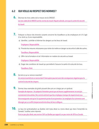 154	 CHAPITRE 6 • LE TRAVAIL
6.2	 QUIVEILLEAURESPECTDESNORMES ?
  6.		 Décrivez les trois volets de la mission de la CNESST.
Les trois volets de la CNESST sont les normes du travail, l’équité salariale, ainsi que la santé et la sécurité
du travail.
  7.		 Indiquez si chacun des énoncés suivants concerne les travailleurs ou les employeurs et s’il s’agit
d’un droit ou d’une responsabilité.
a)	 Identifier, contrôler et éliminer les dangers sur les lieux de travail.
Employeurs.Responsabilité.
b)	 Prendre les mesures nécessaires pour éviter de mettre en danger sa sécurité et celle des autres.
Travailleurs.Responsabilité.
c)	 Offrir de la formation et de l’information en matière de sécurité au travail.
Employeurs.Responsabilité.
d)	 Exiger des conditions de travail qui permettent d’assurer la santé et la sécurité de tous.
Travailleurs.Droit.
  8.		 Qu’est-ce qu’un service essentiel ?
Un service essentiel est un service dont l’interruption pourrait avoir des conséquences négatives pour la
santé et la sécurité des citoyens.
  9.		 Donnez deux exemples de griefs pouvant être pris en charge par un syndicat.
Exemples de réponses : Un préposé à l’entretien pense que ses heures supplémentaires ne sont pas
correctement rémunérées.Des commis estiment que leur employeur manque de respect envers eux.
Une enseignante croit qu’on l’a injustement privée d’une promotion. Les employés d’un commerce sont
dérangés par un conflit interpersonnel entre deux de leurs collègues.
10.		 Le taux de syndicalisation au Québec est-il plus élevé ou moins élevé que dans l’ensemble du
Canada ? Justifiez votre réponse.
Il est un peu plus élevé,avec environ 36 % au Québec par rapport à un peu moins de 30 % au Canada.
13931_profil_cahier_chap6_ep4.indd 154 2018-03-19 4:52 PM
 