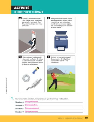 Comme l’économie se porte
bien, Pascal quitte son emploi,
parce qu’il a bon espoir d’en
trouver un autre qui sera mieux
rémunéré.
Anthony est instructeur de golf
dans un centre de villégiature.
De novembre à avril, il est
sans emploi.
ACTIVITÉ
LEPOINTSURLECHÔMAGE
A
C
B
D
1.	 Pour chacune des situations, indiquez de quel type de chômage il est question.
Situation A :	 Chômage frictionnel.
Situation B :	 Chômage structurel.
Situation C :	 Chômage conjoncturel.
Situation D :	 Chômage saisonnier.
Khiêm est sans emploi depuis
deux mois, car l’usine de pièces
d’automobile où elle travaillait
exporte beaucoup moins depuis
le début de la récession.
Jocelyn travaillait comme copiste.
Malheureusement, il vient d’être
remercié, car son entreprise a
investi dans un nouveau logiciel
très performant pouvant exécuter
le même travail.
	 SECTION 7.2 • L’ASSURANCE-EMPLOI : POUR QUI ?	 167
13931_profil_cahier_chap7_ep4.indd 167 2018-03-19 4:55 PM
 