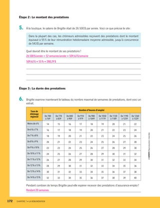 Étape 2 : Le montant des prestations
5.	 À la boutique, le salaire de Brigitte était de 26 500 $ par année. Voici ce que précise le site :
Quel devrait être le montant de ses prestations ?
26 500 $/année ÷ 52 semaines/année = 509,62 $/semaine
509,62 $ × 55 % = 280,29 $
Étape 3 : La durée des prestations
6.	 Brigitte examine maintenant le tableau du nombre maximal de semaines de prestations, dont voici un
extrait.
Taux de
chômage
régional
Nombre d’heures d’emploi
De 700
à 769
De 770
à 839
De 840
à 909
De 910
à 979
De 980
à 1049
De 1050
à 1119
De 1120
à 1189
De 1190
à 1259
De 1260
à 1329
Moins de 6 % 14 15 16 17 18 19 20 21 22
De 6 % à 7 % 16 17 18 19 20 21 22 23 24
De 7 % à 8 % 18 19 20 21 22 23 24 25 26
De 8 % à 9 % 20 21 22 23 24 25 26 27 28
De 9 % à 10 % 22 23 24 25 26 27 28 29 30
De 10 % à 11 % 24 25 26 27 28 29 30 31 32
De 11 % à 12 % 26 27 28 29 30 31 32 33 34
De 12 % à 13 % 28 29 30 31 32 33 34 35 36
De 13 % à 14 % 30 31 32 33 34 35 36 37 38
De 14 % à 15 % 32 33 34 35 36 37 38 39 40
Pendant combien de temps Brigitte peut-elle espérer recevoir des prestations d’assurance-emploi ?
Pendant 20 semaines.
Dans la plupart des cas, les chômeurs admissibles reçoivent des prestations dont le montant
équivaut à 55 % de leur rémunération hebdomadaire moyenne admissible, jusqu’à concurrence
de 543 $ par semaine.
172	 CHAPITRE 7 • LA RÉMUNÉRATION
13931_profil_cahier_chap7_ep4.indd 172 2018-03-19 4:55 PM
 