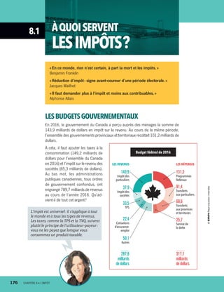 8.1 ÀQUOISERVENT
LESIMPÔTS ?
« En ce monde, rien n’est certain, à part la mort et les impôts. »
Benjamin Franklin
« Réduction d’impôt : signe avant-coureur d’une période électorale. »
Jacques Mailhot
« Il faut demander plus à l’impôt et moins aux contribuables. »
Alphonse Allais
LESBUDGETSGOUVERNEMENTAUX
En 2016, le gouvernement du Canada a perçu auprès des ménages la somme de
143,9 milliards de dollars en impôt sur le revenu. Au cours de la même période,
l’ensemble des gouvernements provinciaux et territoriaux récoltait 101,2 milliards de
dollars.
À cela, il faut ajouter les taxes à la
consommation (149,2 milliards de
dollars pour l’ensemble du Canada
en 2016) et l’impôt sur le revenu des
sociétés (65,3 milliards de dollars).
Au bas mot, les administrations
publiques canadiennes, tous ordres
de gouvernement confondus, ont
engrangé 789,7 milliards de revenus
au cours de l’année 2016. Qu’ad-
vient-il de tout cet argent ?
L’impôt est universel : il s’applique à tout
le monde et à tous les types de revenus.
Les taxes, comme la TPS et la TVQ, suivent
plutôt le principe de l’utilisateur-payeur :
vous ne les payez que lorsque vous
consommez un produit taxable.
Budget fédéral de 2016
LES DÉPENSES
131,3
Programmes
fédéraux
91,4
Transferts
aux particuliers
68,6
Transferts
aux provinces
et territoires
25,7
Service de
la dette
317,1
milliards
dedollars
LES REVENUS
143,9
Impôt des
particuliers
37,9
Impôt des
sociétés
33,5
TPS
22,4
Cotisations
d’assurance-
emploi
50,1
Autres
287,8
milliards
dedollars
176	 CHAPITRE 8 • L’IMPÔT
13931_profil_cahier_chap8_ep4.indd 176 2018-03-15 4:39 PM
 