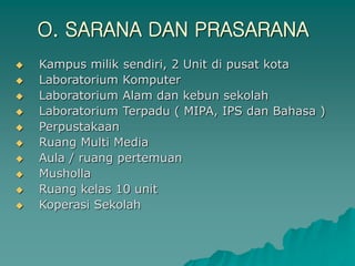 O. SARANA DAN PRASARANA
 Kampus milik sendiri, 2 Unit di pusat kota
 Laboratorium Komputer
 Laboratorium Alam dan kebun sekolah
 Laboratorium Terpadu ( MIPA, IPS dan Bahasa )
 Perpustakaan
 Ruang Multi Media
 Aula / ruang pertemuan
 Musholla
 Ruang kelas 10 unit
 Koperasi Sekolah
 