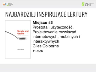 NAJBARDZIEJ INSPIRUJĄCE LEKTURY
Miejsce #3
Prostota i użyteczność.
Projektowanie rozwiazań
internetowych, mobilnych i
interaktywnych
Giles Colborne
11 osób

 