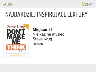 NAJBARDZIEJ INSPIRUJĄCE LEKTURY
Miejsce #1
Nie każ mi myśleć,
Steve Krug
60 osób

 