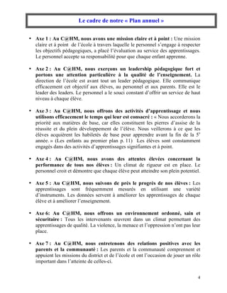 Le cadre de notre « Plan annuel »


• Axe 1 : Au C@HM, nous avons une mission claire et à point : Une mission
  claire et à point de l’école à travers laquelle le personnel s’engage à respecter
  les objectifs pédagogiques, a placé l’évaluation au service des apprentissages.
  Le personnel accepte sa responsabilité pour que chaque enfant apprenne.

• Axe 2 : Au C@HM, nous exerçons un leadership pédagogique fort et
  portons une attention particulière à la qualité de l’enseignement. La
  direction de l’école est avant tout un leader pédagogique. Elle communique
  efficacement cet objectif aux élèves, au personnel et aux parents. Elle est le
  leader des leaders. Le personnel a le souci constant d’offrir un service de haut
  niveau à chaque élève.

• Axe 3 : Au C@HM, nous offrons des activités d’apprentissage et nous
  utilisons efficacement le temps qui leur est consacré : « Nous accorderons la
  priorité aux matières de base, car elles constituent les pierres d’assise de la
  réussite et du plein développement de l’élève. Nous veillerons à ce que les
  élèves acquièrent les habiletés de base pour apprendre avant la fin de la 5e
  année. » (Les enfants au premier plan p. 11) Les élèves sont constamment
  engagés dans des activités d’apprentissages signifiantes et à point.

• Axe 4 : Au C@HM, nous avons des attentes élevées concernant la
  performance de tous nos élèves : Un climat de rigueur est en place. Le
  personnel croit et démontre que chaque élève peut atteindre son plein potentiel.

• Axe 5 : Au C@HM, nous suivons de près le progrès de nos élèves : Les
  apprentissages sont fréquemment mesurés en utilisant une variété
  d’instruments. Les données servent à améliorer les apprentissages de chaque
  élève et à améliorer l’enseignement.

• Axe 6: Au C@HM, nous offrons un environnement ordonné, sain et
  sécuritaire : Tous les intervenants œuvrent dans un climat permettant des
  apprentissages de qualité. La violence, la menace et l’oppression n’ont pas leur
  place.

• Axe 7 : Au C@HM, nous entretenons des relations positives avec les
  parents et la communauté : Les parents et la communauté comprennent et
  appuient les missions du district et de l’école et ont l’occasion de jouer un rôle
  important dans l’atteinte de celles-ci.


                                                                                  4
 