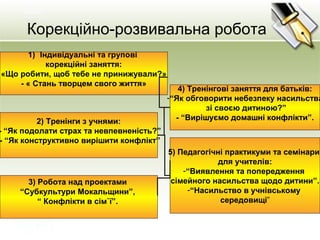 Корекційно-розвивальна робота
1) Індивідуальні та групові
корекційні заняття:
«Що робити, щоб тебе не принижували?»
- « Стань творцем свого життя»
4) Тренінгові заняття для батьків:
-“Як обговорити небезпеку насильства
зі своєю дитиною?”
- “Вирішуємо домашні конфлікти”.2) Тренінги з учнями:
- “Як подолати страх та невпевненість?”
- “Як конструктивно вирішити конфлікт”
5) Педагогічні практикуми та семінари
для учителів:
-“Виявлення та попередження
сімейного насильства щодо дитини”.
-“Насильство в учнівському
середовищі”
3) Робота над проектами
“Субкультури Мокальщини”,
“ Конфлікти в сім`ї”.
 