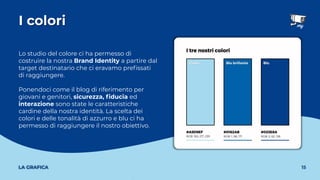 Lo studio del colore ci ha permesso di
costruire la nostra Brand Identity a partire dal
target destinatario che ci eravamo preﬁssati
di raggiungere.
Ponendoci come il blog di riferimento per
giovani e genitori, sicurezza, ﬁducia ed
interazione sono state le caratteristiche
cardine della nostra identità. La scelta dei
colori e delle tonalità di azzurro e blu ci ha
permesso di raggiungere il nostro obiettivo.
I colori
15
LA GRAFICA
 