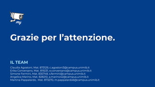 Claudia Agostoni, Mat. 873129, c.agostoni3@campus.unimib.it
Erika Conversano, Mat. 819231, e.conversano@campus.unimib.it
Simone Fermini, Mat. 830748, s.fermini@campus.unimib.it
Angelica Marino, Mat. 828210, a.marino42@campus.unimib.it
Martina Pappalardo, Mat. 873270, m.pappalardo6@campus.unimib.it
IL TEAM
Grazie per l’attenzione.
 