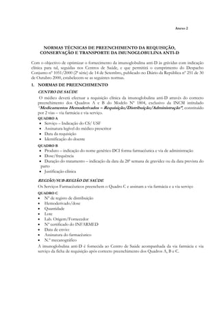 Anexo 2




        NORMAS TÉCNICAS DE PREENCHIMENTO DA REQUISIÇÃO,
       CONSERVAÇÃO E TRANSPORTE DA IMUNOGLOBULINA ANTI-D

Com o objectivo de optimizar o fornecimento da imunoglobulina anti-D às grávidas com indicação
clínica para tal, seguidas nos Centros de Saúde, e que permitirá o cumprimento do Despacho
Conjunto nº 1051/2000 (2ª série) de 14 de Setembro, publicado no Diário da República nº 251 de 30
de Outubro 2000, estabelecem-se as seguintes normas.
1. NORMAS DE PREENCHIMENTO
   CENTRO DE SAÚDE
    O médico deverá efectuar a requisição clínica da imunoglobulina anti-D através do correcto
   preenchimento dos Quadros A e B do Modelo Nº 1804, exclusivo da INCM intitulado
   “Medicamentos Hemoderivados – Requisição/Distribuição/Administração”, constituído
   por 2 vias – via farmácia e via serviço.
   QUADRO A
    •    Serviço – Indicação do CS/ USF
    •    Assinatura legível do médico prescritor
    •    Data da requisição
    •    Identificação do doente
   QUADRO B
    • Produto – indicação do nome genérico DCI forma farmacêutica e via de administração
    • Dose/frequência
    • Duração do tratamento – indicação da data da 28ª semana de gravidez ou da data prevista do
       parto
    • Justificação clínica

   REGIÃO/SUB-REGIÃO DE SAÚDE
   Os Serviços Farmacêuticos preenchem o Quadro C e assinam a via farmácia e a via serviço
   QUADRO C
   •   Nº de registo de distribuição
   •   Hemoderivado/dose
   •   Quantidade
   •   Lote
   •   Lab. Origem/Fornecedor
   •   Nº certificado do INFARMED
   •   Data de envio:
   •   Assinatura do farmacêutico
   •   N.º mecanográfico
   A imunoglobulina anti-D é fornecida ao Centro de Saúde acompanhada da via farmácia e via
   serviço da ficha de requisição após correcto preenchimento dos Quadros A, B e C.
 