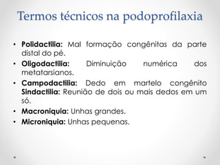 Termos técnicos na podoprofilaxia
• Polidactilia: Mal formação congênitas da parte
distal do pé.
• Oligodactilia: Diminuição numérica dos
metatarsianos.
• Campodactilia: Dedo em martelo congênito
Sindactilia: Reunião de dois ou mais dedos em um
só.
• Macroniquia: Unhas grandes.
• Microniquia: Unhas pequenas.
 