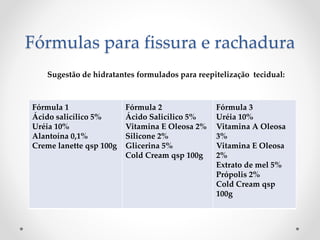 Fórmulas para fissura e rachadura
Fórmula 1
Ácido salicílico 5%
Uréia 10%
Alantoína 0,1%
Creme lanette qsp 100g
Fórmula 2
Ácido Salicílico 5%
Vitamina E Oleosa 2%
Silicone 2%
Glicerina 5%
Cold Cream qsp 100g
Fórmula 3
Uréia 10%
Vitamina A Oleosa
3%
Vitamina E Oleosa
2%
Extrato de mel 5%
Própolis 2%
Cold Cream qsp
100g
Sugestão de hidratantes formulados para reepitelização tecidual:
 