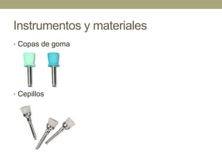 Instrumentos y materiales
• Copas de goma

• Cepillos

 