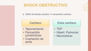 SHOCK OBSTRUCTIVO
❏ Déficit de llenado cardíaco  compresión cardíaca
Cardíaco
• Taponamiento
• Pericarditis
constrictivas
• Coartación de
aorta
Extra cardíaco
• TEP
• Hipert. Pulmonar
• Neumotórax
 