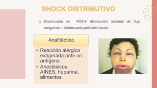 SHOCK DISTRIBUTIVO
❏ Disminución en RVS distribución anormal de flujo
sanguíneo = inadecuada perfusión tisular.
Anafiláctico
• Reacción alérgica
exagerada ante un
antígeno
• Anestésicos,
AINES, heparina,
alimentos
 