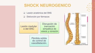 SHOCK NEUROGENICO
❏ Lesión anatómica del SNS
❏ Disfunción por fármacos
Lesión medular
o del SNC
Disrupción de
inervación
simpática de
vasos y corazón
Pérdida súbita
de control de
vasodilatación.
 