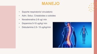 MANEJO
• Soporte respiratorio/ circulatorio
• Adm. Soluc. Cristaloides o coloides
• Noradrenalina 2-8 ug/ min
• Dopamina 5-10 ug/kg/ min
• Dobutamina 2.5- 15 ug/kg/min
 