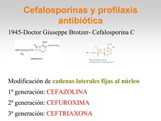 Cefalosporinas y profilaxis
            antibiótica
1945-Doctor Giuseppe Brotzer- Cefalosporina C




Modificación de cadenas laterales fijas al núcleo
1ª generación: CEFAZOLINA
2ª generación: CEFUROXIMA
3ª generación: CEFTRIAXONA
 