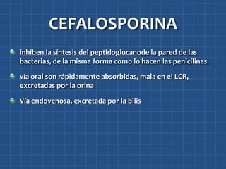 CEFALOSPORINA
inhiben la síntesis del peptidoglucanode la pared de las
bacterias, de la misma forma como lo hacen las penicilinas.

vía oral son rápidamente absorbidas, mala en el LCR,
excretadas por la orina

Vía endovenosa, excretada por la bilis
 
