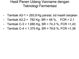 Hasil Panen Udang Vanname dengan
Teknologi Fermentasi
- Tambak A2-1 = 293,9 Kg parsial, bd masih berjalan
- Tambak A3.2 = 782 Kg, SR = 48 %, FCR = 2,1
- Tambak C-3 = 1.680 Kg, SR = 74,3 %, FCR =1,43
- Tambak C-4 = 1.375 Kg, SR = 79,6 %, FCR =1,38
 
