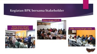 Kegiatan BPK bersama Stakeholder
coffee morning dengan media
Diskusi dengan DPD RI
Sharing session dengan
Inspektorat Kota Padang
 