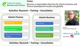 Activities: Research – Training – Consultation
Islamic Finance
Islamic Banking
Islamic Capital Market and
Asset Management
Islamic Financial Institution
non Bank
Islamic Business
Halal Industry
Islamic Boarding School
Business Model (Pesantren)
Islamic Entrepreneurship
cibf@sbm-itb.ac.id
cibf_sbmitb
Director :
Oktofa Yudha Sudrajad, PhD
Activities: Research – Training – Consultation
Vision:
Become a respectable reference for Islamic business and
finance development locally and globally
 