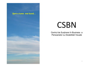 Spre o lume mai bună…




                              CSBN
                        Centrul de Susţinere în Business a
                        Persoanelor cu Dizabilitati Vizuale




                                                          1
 