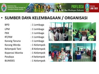 • SUMBER DAYA KELEMBAGAAN / ORGANISASI
BPD : 1 Lembaga
LPM : 1 Lembaga
PKK : 1 Lembaga
RT/RW : 1 Lembaga
Karang Taruna : 1 Lembaga
Karang Werda : 1 Kelompok
Kelompok Tani : 8 Kelompok
Koperasi Wanita : 1 Kelompok
Posdaya : 4 kelompok
BUMDES : 1 Kelompok
 