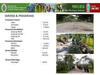 SARANA & PRASARANA
-Prasarana Umum:
Jalan : 5,2 Ha
Jembatan : 9 Unit
Irigasi : 1 Paket
-Prasarana Pendidikan:
Gedung PAUD : 3 Unit
Gedung TK/ RA : 3 Unit
Gedung SD : 4 Unit
TPA : 40 Unit
-Prasarana Kesehatan:
PUSTU : 1 Unit
POSYANDU : 9 Unit
MCK : 50 unit
-Sarana Ibadah:
Masjid : 8 Unit
Mushola : 40 Unit
-Sarana Olah Raga:
Lapangan : Buah
 
