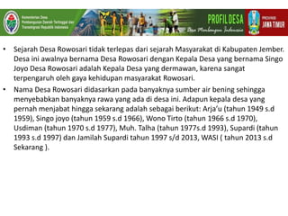 • Sejarah Desa Rowosari tidak terlepas dari sejarah Masyarakat di Kabupaten Jember.
Desa ini awalnya bernama Desa Rowosari dengan Kepala Desa yang bernama Singo
Joyo Desa Rowosari adalah Kepala Desa yang dermawan, karena sangat
terpengaruh oleh gaya kehidupan masyarakat Rowosari.
• Nama Desa Rowosari didasarkan pada banyaknya sumber air bening sehingga
menyebabkan banyaknya rawa yang ada di desa ini. Adapun kepala desa yang
pernah menjabat hingga sekarang adalah sebagai berikut: Arja’u (tahun 1949 s.d
1959), Singo joyo (tahun 1959 s.d 1966), Wono Tirto (tahun 1966 s.d 1970),
Usdiman (tahun 1970 s.d 1977), Muh. Talha (tahun 1977s.d 1993), Supardi (tahun
1993 s.d 1997) dan Jamilah Supardi tahun 1997 s/d 2013, WASI ( tahun 2013 s.d
Sekarang ).
 
