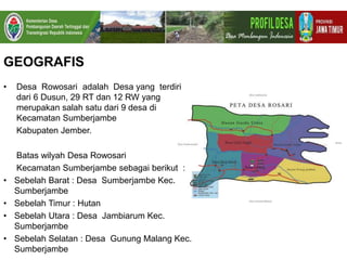 GEOGRAFIS
• Desa Rowosari adalah Desa yang terdiri
dari 6 Dusun, 29 RT dan 12 RW yang
merupakan salah satu dari 9 desa di
Kecamatan Sumberjambe
Kabupaten Jember.
Batas wilyah Desa Rowosari
Kecamatan Sumberjambe sebagai berikut :
• Sebelah Barat : Desa Sumberjambe Kec.
Sumberjambe
• Sebelah Timur : Hutan
• Sebelah Utara : Desa Jambiarum Kec.
Sumberjambe
• Sebelah Selatan : Desa Gunung Malang Kec.
Sumberjambe
 