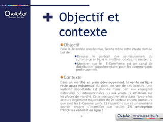 Objectif et contexteObjectifPour la 3e année consécutive,Oxatis mène cette étude dans le but de :Dresser le portrait des professionnels du commerce en ligne ni 	multinationales, ni amateurs. Montrer que le  E-Commerce est un canal de distribution supplémentaire pour les commerçants professionnelsContexteDans un marché en plein développement, la vente en ligne reste assez méconnue du point de vue de ses acteurs. Une visibilité importante est donnée d’une part aux enseignes nationales ou internationales ou aux vendeurs amateurs sur les places de marché. Cette perspective laisse dans l’ombre les acteurs largement majoritaires de ce secteur encore immature  que sont les E-Commerçants. Et rappelons que ce phénomène devrait encore s’intensifier car seules 2% entreprises françaises vendent en ligne !3