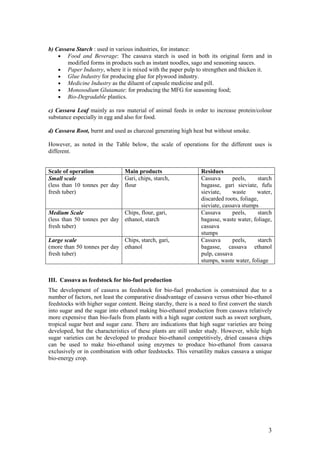 b) Cassava Starch : used in various industries, for instance:
    • Food and Beverage: The cassava starch is used in both its original form and in
       modified forms in products such as instant noodles, sago and seasoning sauces.
    • Paper Industry, where it is mixed with the paper pulp to strengthen and thicken it.
    • Glue Industry for producing glue for plywood industry.
    • Medicine Industry as the diluent of capsule medicine and pill.
    • Monosodium Glutamate: for producing the MFG for seasoning food;
    • Bio-Degradable plastics.

c) Cassava Leaf mainly as raw material of animal feeds in order to increase protein/colour
substance especially in egg and also for food.

d) Cassava Root, burnt and used as charcoal generating high heat but without smoke.

However, as noted in the Table below, the scale of operations for the different uses is
different.


Scale of operation           Main products                       Residues
Small scalel                 Gari, chips, starch,                Cassava       peels,     starch
(less than 10 tonnes per day flour                               bagasse, gari sieviate, fufu
fresh tuber)                                                     sieviate,     waste     water,
                                                                 discarded roots, foliage,
                                                                 sieviate, cassava stumps
Medium Scale                 Chips, flour, gari,                 Cassava       peels,     starch
(less than 50 tonnes per day ethanol, starch                     bagasse, waste water, foliage,
fresh tuber)                                                     cassava
                                                                 stumps
Large scale                  Chips, starch, gari,                Cassava       peels,     starch
(more than 50 tonnes per day ethanol                             bagasse, cassava ethanol
fresh tuber)                                                     pulp, cassava
                                                                 stumps, waste water, foliage


III. Cassava as feedstock for bio-fuel production
The development of cassava as feedstock for bio-fuel production is constrained due to a
number of factors, not least the comparative disadvantage of cassava versus other bio-ethanol
feedstocks with higher sugar content. Being starchy, there is a need to first convert the starch
into sugar and the sugar into ethanol making bio-ethanol production from cassava relatively
more expensive than bio-fuels from plants with a high sugar content such as sweet sorghum,
tropical sugar beet and sugar cane. There are indications that high sugar varieties are being
developed, but the characteristics of these plants are still under study. However, while high
sugar varieties can be developed to produce bio-ethanol competitively, dried cassava chips
can be used to make bio-ethanol using enzymes to produce bio-ethanol from cassava
exclusively or in combination with other feedstocks. This versatility makes cassava a unique
bio-energy crop.




                                                                                              3
 