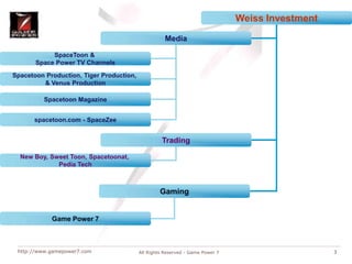 All Rights Reserved - Game Power 73Weiss InvestmentMediaSpaceToon & Space Power TV ChannelsSpacetoon Production, Tiger Production, & Venus ProductionSpacetoon Magazinespacetoon.com - SpaceZeeTradingNew Boy, Sweet Toon, Spacetoonat, Pedia TechGamingGame Power 7