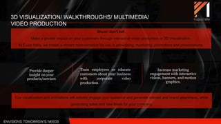 3D VISUALIZATION/ WALKTHROUGHS/ MULTIMEDIA/
VIDEO PRODUCTION
Show! don't tell.
Make a greater impact on your customers through interactive video production or 3D Visualization.
At Fusio India, we create a vibrant representation for use in advertising, marketing, promotions and presentations.
Provide deeper
insight on your
products/services
Train employees or educate
customers about your business
with corporate video
production.
Increase marketing
engagement with interactive
videos, banners, and motion
graphics.
Our visualization and animations will actively engage your audience and generate interest and brand awareness, while
generating sales and new leads for your company.
 