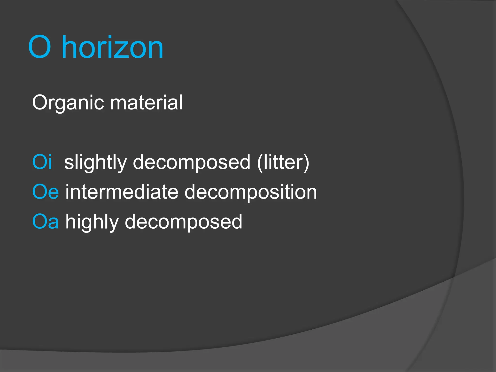O horizon
Organic material
Oi slightly decomposed (litter)
Oe intermediate decomposition
Oa highly decomposed
 