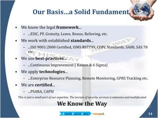 Our Basis…a Solid Fundament We know the legal  framework ... ...ESIC, PF, Gratuity, Leave, Bonus, Relieving, etc. We work with established  standards ...  ...ISO 9001:2000 Certified, ISMS BS7799, COPC Standards, SA08, SAS 70 etc We use  best-practices ... ...Continuous Improvement ( Kaizen & 6 Sigma) We apply  technologies ... ...Enterprise Resource Planning, Remote Monitoring, GPRS Tracking etc. We are  certified ... ...PSARA, CAPSI This is just a small part of our expertise. The terrain of security services is extensive and multifaceted We Know the Way 