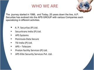 WHO WE ARE The  journey started in 1986,  and Today, 25 years down the line, A.P. Securitas has evolved into the APS GROUP with various Companies each specializing in different activities. A. P. Securitas (P) Ltd. Securitrans India (P) Ltd. APS Systems Peninsula Data Secure TSI India (P) Ltd. APS – Telecom Proton facility Services (P) Ltd. APS Elite Security Services Pvt. Ltd. 