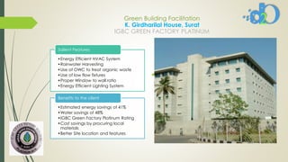  Image
•Energy Efficient HVAC System
•Rainwater Harvesting
•Use of OWC to treat organic waste
•Use of low flow fixtures
•Proper Window to wall ratio
•Energy Efficient Lighting System
Salient Features
•Estimated energy savings of 41%
•Water savings of 48%
•IGBC Green Factory Platinum Rating
•Cost savings by procuring local
materials
•Better Site location and features
Benefits to the client
Green Building Facilitation
K. Girdharilal House, Surat
IGBC GREEN FACTORY PLATINUM
 