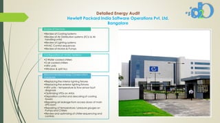 Detailed Energy Audit
Hewlett Packard India Software Operations Pvt. Ltd.
Bangalore
•Review of Cooling Systems
•Review of Air Distribution systems (FCU & Air
handling units)
•Review of Lighting systems
•HVAC Control sequences
•Review of Motors & Pumps
Scope of Services
•2 Water cooled chillers
•5 air cooled chillers
•VRV units
•Window & split Acs
Configuration of HVAC Systems
•Replacing the interior lighting fixtures
•Replacing the exterior lighting fixtures
•VRV units – temperature & flow sensor fault
diagnosis
•Optimizing VFDs on AHUs
•Deposition control and descaling of cooling
towers
•Repairing air leakage from access doors of main
UPS room
•Repairing of temperature / pressure gauges on
Pumps and Chillers
•Review and optimizing of chiller sequencing and
controls
Recommended Energy Conservation
measures
 