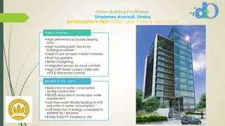 Green Building Facilitation
Simpletree Anarkali, Dhaka
BANGLADESH’S FIRST USGBC LEED CORE & SHELL GOLD
•High performance Double Glazing
Units
•High insulating AAC blocks for
building envelope
•Used of Low emission Interior materials
•Roof top gardens
•Better Daylighting
•Integrated sensors for visual comfort
•High COP Water cooled chiller with
VFD & advanced controls
Salient Features
•Reduction in water consumption
during construction
•58.92% reduction in landscape water
requirement
•Low flow water fixtures leading to 41%
reduction in water consumption
•16% reduction in energy compared to
ASHRAE 90.1 Baseline
•8 kWp Solar PV installed on site
Benefits to the client:
 