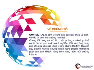 VỀ CHÚNG TÔI
GMV DIGITAL là đơn vị cung cấp các giải pháp và dịch
vụ tiếp thị trên môi trường Internet.
Chúng tôi đóng vai trò là 1 văn phòng marketing thuê
ngoài hỗ trợ cho quý doanh nghiệp. Với việc ứng dụng
các công cụ trên các kênh Online chúng tôi đem đến cho
quý doanh nghiệp những chiến lược Digital Marketing
giúp tiếp cận khách hàng tiềm năng trên môi trường
Internet.
 