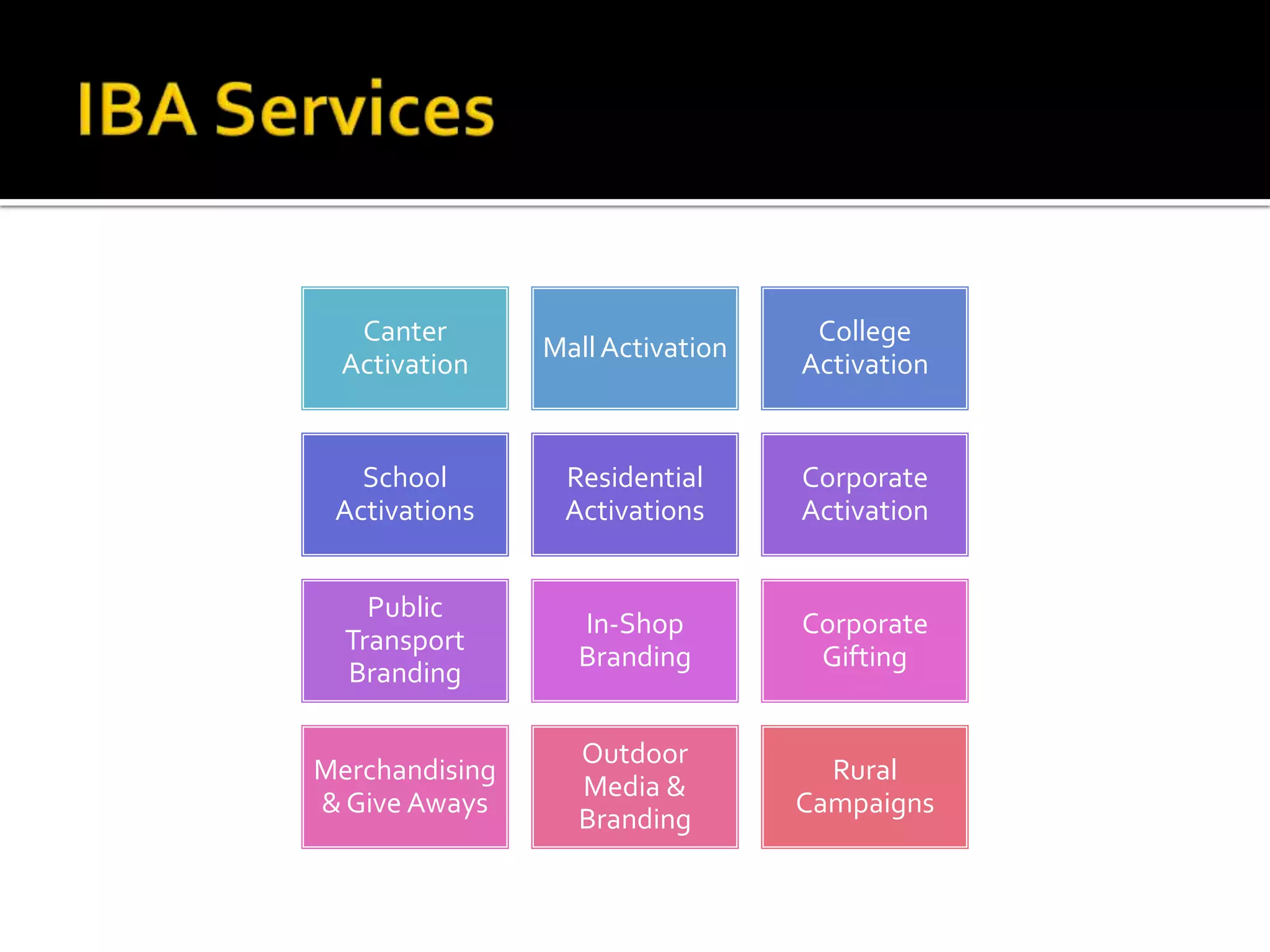 Canter                           College
                Mall Activation
 Activation                       Activation


   School        Residential      Corporate
 Activations     Activations      Activation


    Public
                  In-Shop         Corporate
  Transport
                  Branding         Gifting
  Branding

                  Outdoor
Merchandising                       Rural
                  Media &
& Give Aways                      Campaigns
                  Branding
 