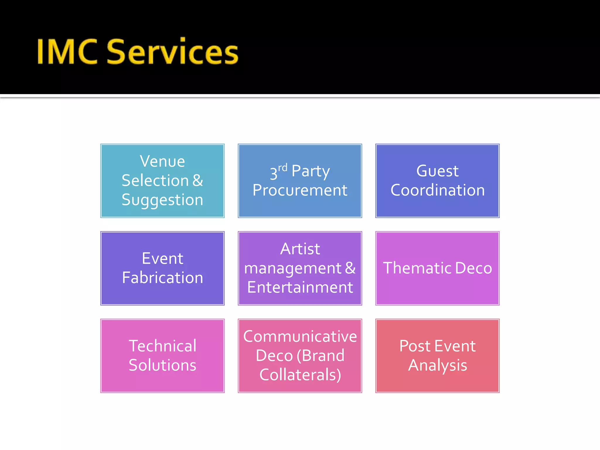 Venue
                 3rd Party        Guest
Selection &
               Procurement     Coordination
Suggestion

                  Artist
  Event
              management &     Thematic Deco
Fabrication
              Entertainment

              Communicative
Technical                       Post Event
               Deco (Brand
Solutions                        Analysis
                Collaterals)
 