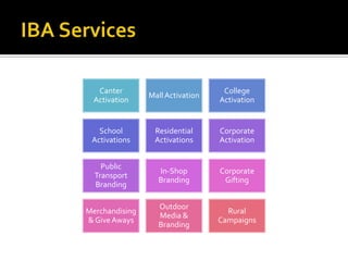 Canter                           College
                Mall Activation
 Activation                       Activation


   School        Residential      Corporate
 Activations     Activations      Activation


    Public
                  In-Shop         Corporate
  Transport
                  Branding         Gifting
  Branding

                  Outdoor
Merchandising                       Rural
                  Media &
& Give Aways                      Campaigns
                  Branding
 