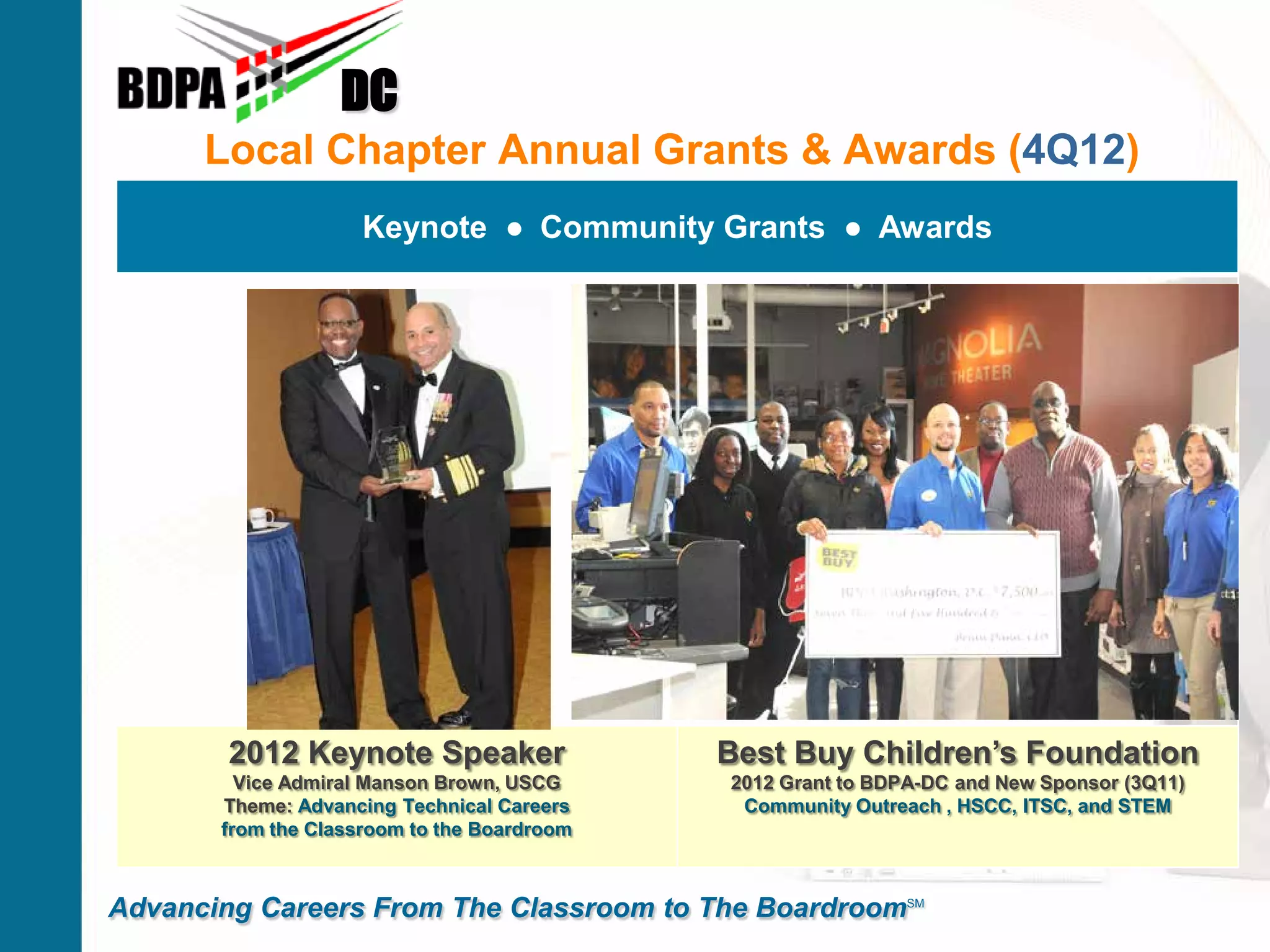 Local Chapter Annual Grants & Awards (4Q12)
DC
Advancing Careers From The Classroom to The BoardroomSM
Keynote ● Community Grants ● Awards
2012 Keynote Speaker
Vice Admiral Manson Brown, USCG
Theme: Advancing Technical Careers
from the Classroom to the Boardroom
Best Buy Children’s Foundation
2012 Grant to BDPA-DC and New Sponsor (3Q11)
Community Outreach , HSCC, ITSC, and STEM
 