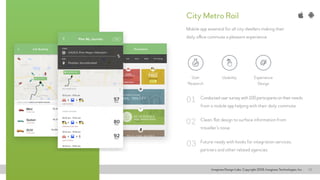 Imaginea Design Labs. Copyright 2016, Imaginea Technologies, Inc 10
Conductedusersurveywith100participantsontheirneeds
from a mobile app helping with their daily commute
Mobile app essential for all city dwellers making their
daily office commute a pleasant experience
Clean, flat design to surface information from
traveller’s noise
Future-ready with hooks for integration services,
partners and other related agencies
01
02
03
City Metro Rail
Usability Experience
Design
User
Research
 