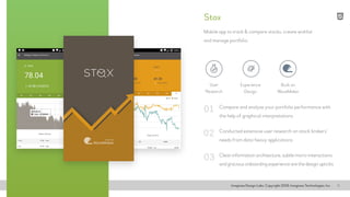 Imaginea Design Labs. Copyright 2016, Imaginea Technologies, Inc 6
Compare and analyse your portfolio performance with
the help of graphical interpretations
Mobile app to track & compare stocks, create wishlist
and manage portfolio
Conducted extensive user research on stock brokers’
needs from data-heavy applications
Clean information architecture, subtle micro-interactions
and gracious onboarding experience are the design upticks
01
02
03
Stox
User
Research
Built on
WaveMaker
Experience
Design
 