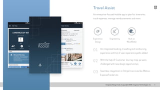 Imaginea Design Labs. Copyright 2016, Imaginea Technologies, Inc 8
An integrated booking, travelling and reimbursing
experience with lot of user experience perks added
An enterprise-focused mobile app to plan for itineraries,
track expenses, manage reimbursements and more
With the help of Customer Journey map, we were
challenged with new design opportunities
Seamless integration to 3rd part services like Walnut,
ExpenseTracker etc
01
02
03
Travel Assist
Built on
WaveMaker
Experience
Design
Engineering
 