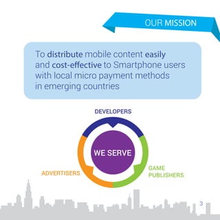 OUR MISSION
To distribute mobile content easily and cost-
effectively to Smartphone users with local
micro payment methods...